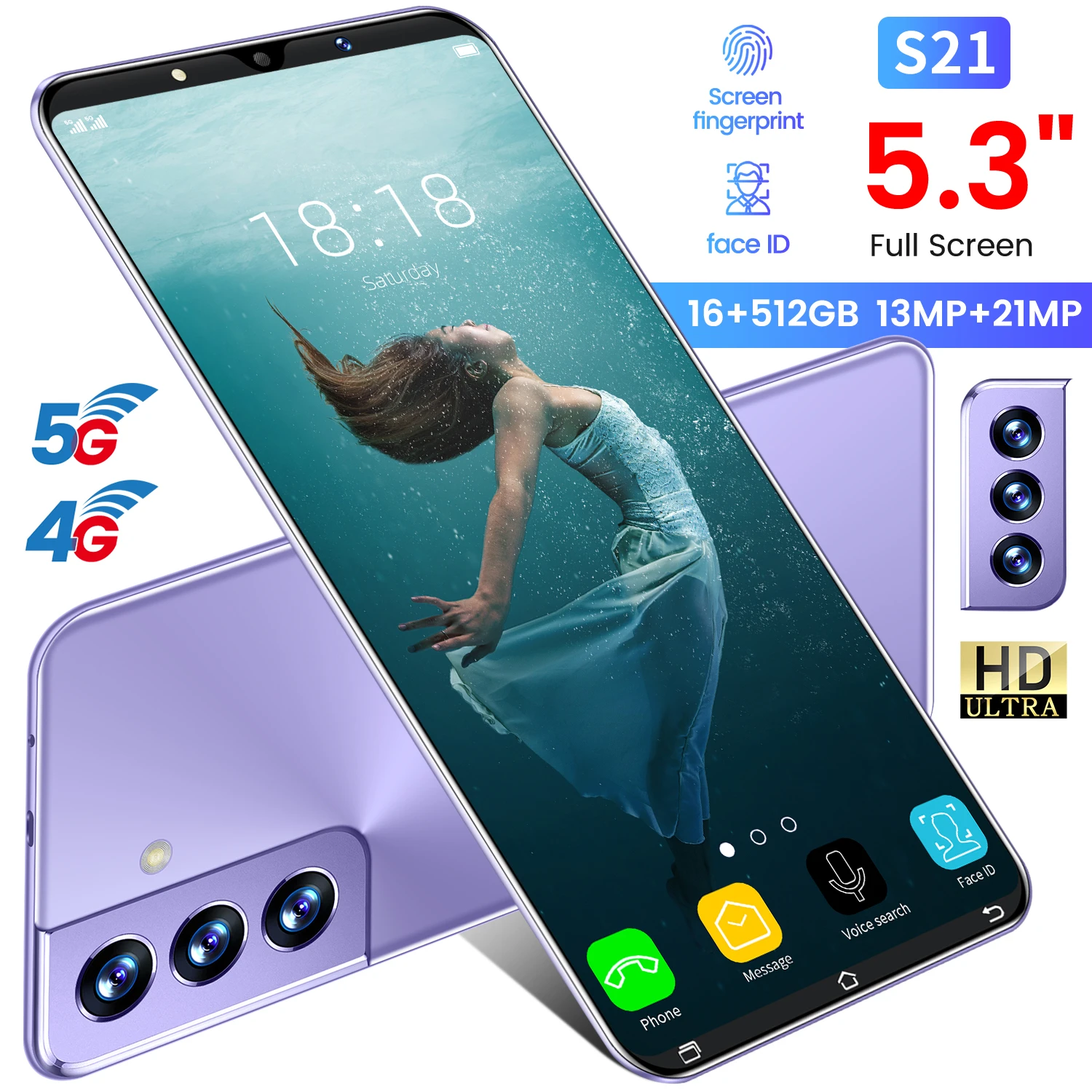 Новинка смартфон глобальная версия S21 10-ядерный процессор MTK6889 256/512 ГБ экран 5 3