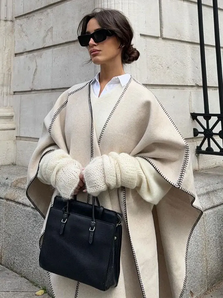 

Contrast Ing Woolen Blend Cape Jacket For Women Chic Loose V Neck Warm Cardigan 2023 Autumn Winter Lady Elegant Streetwear