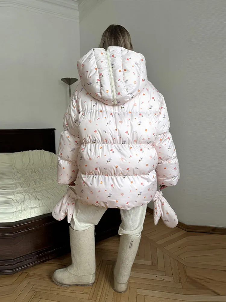 Übergroße Blume Gedruckt Frauen Baumwolle Mantel Puff Sleeve Mit Kapuze Taschen Zipper Weibliche Winter Lose Beiläufige Straße Jacken Damen – Detail 7
