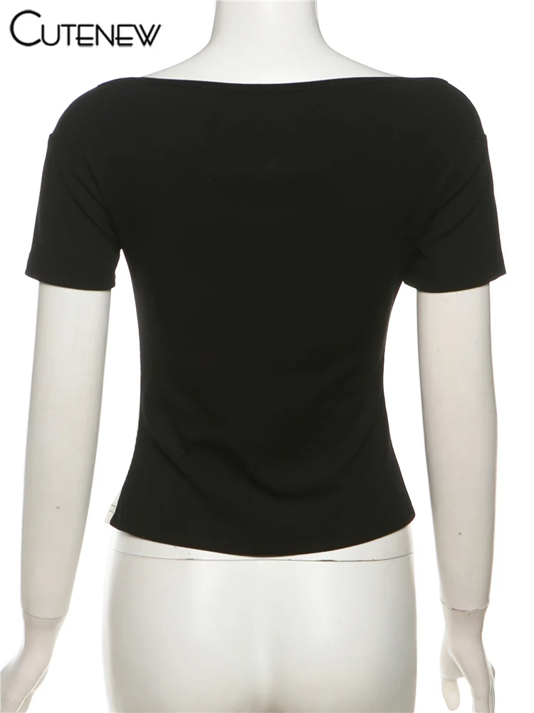 Panelled Classic T-shirts Women Summer New Concise Buttons Short Sleeve V-neck Skinny Tees Female Wild Basic Street Tops