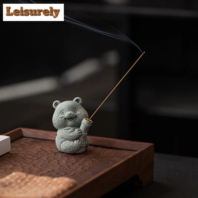 Cyan Sand Stone Panda Tea Pet Vintage Lucky Model Tea Figurine Play Toys Tea Statue Ornaments Tableware Accessories Collection