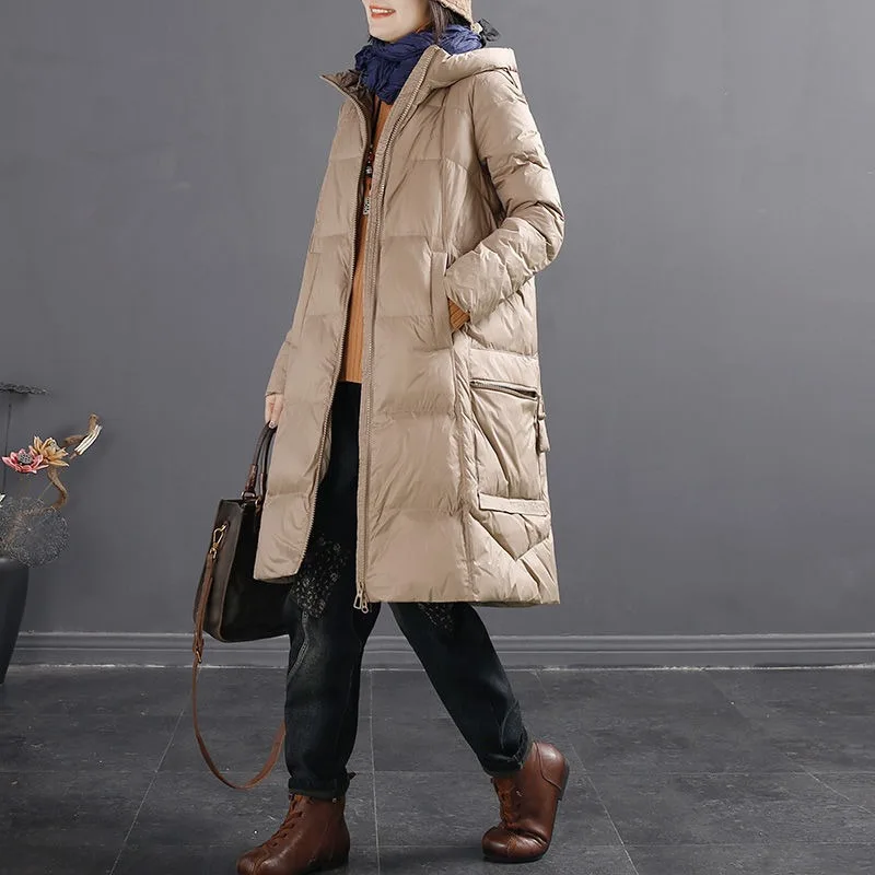 2023 New Women Down Jacket Winter Coat Female Mid Length Version Parkas Loose Thick Warm Outwear Hooded Leisure Time Overcoat