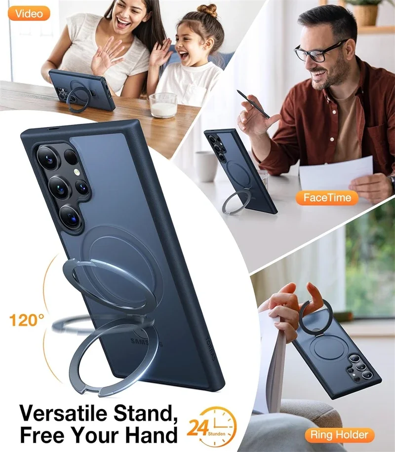 Magnetic Metal Ring Stand Matte Case with Lens Protector and MagSafe Compatibility