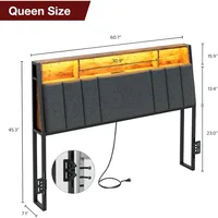 Hidden Storage Headboard with LED Lights, Ergonomic Upholstered Queen Headboard Only with Charging Station, 2 Outlets & 2 USB 2