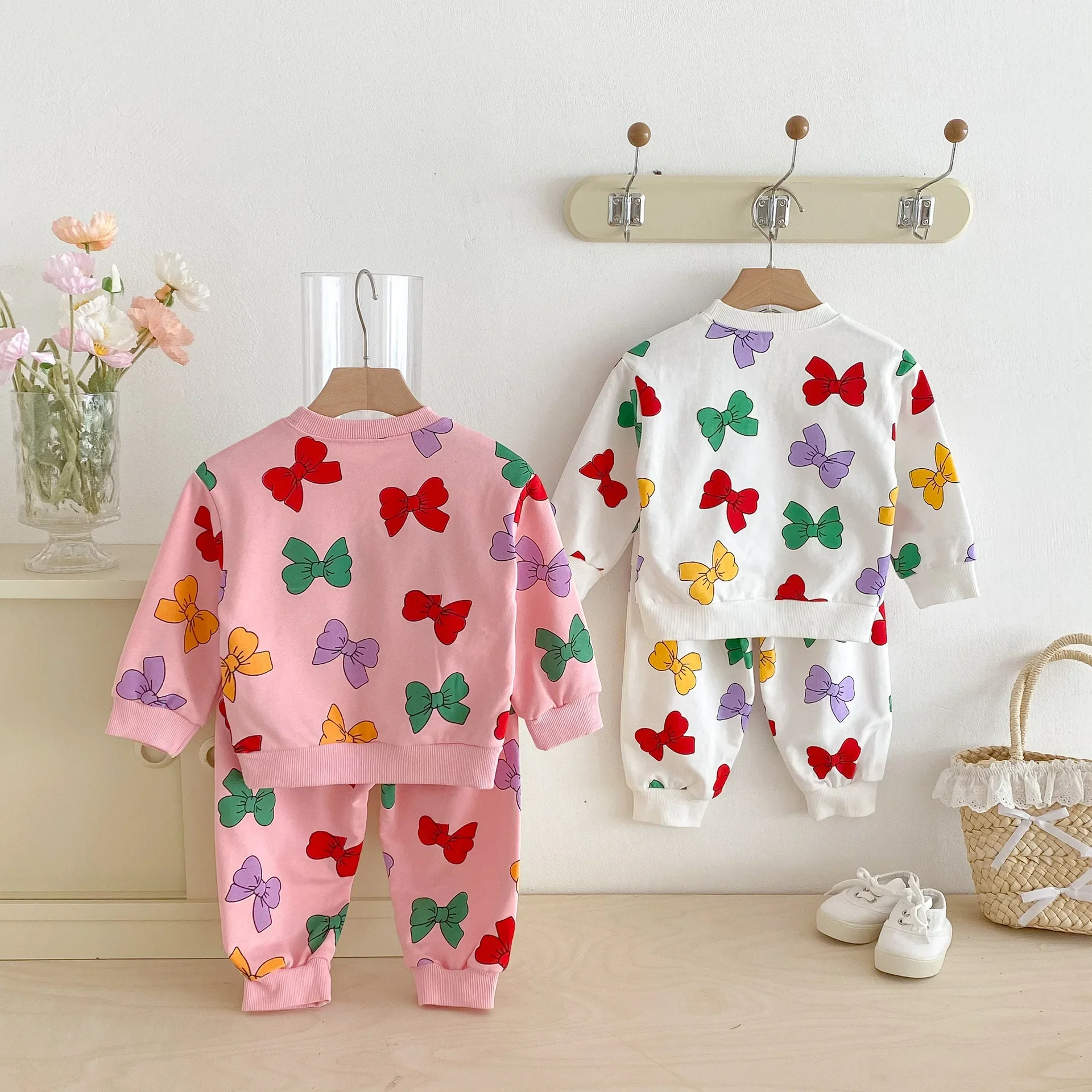 Cotton Kids Hoodie Set Colorful Bow Print Girls Clothing