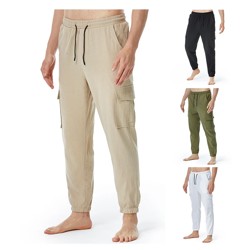 

Summer Men’s Linen Cotton Loose Casual Track Cargo Pants Lightweight Elastic Waist Yoga Home Sports Pants Thin Soft Quick Drying