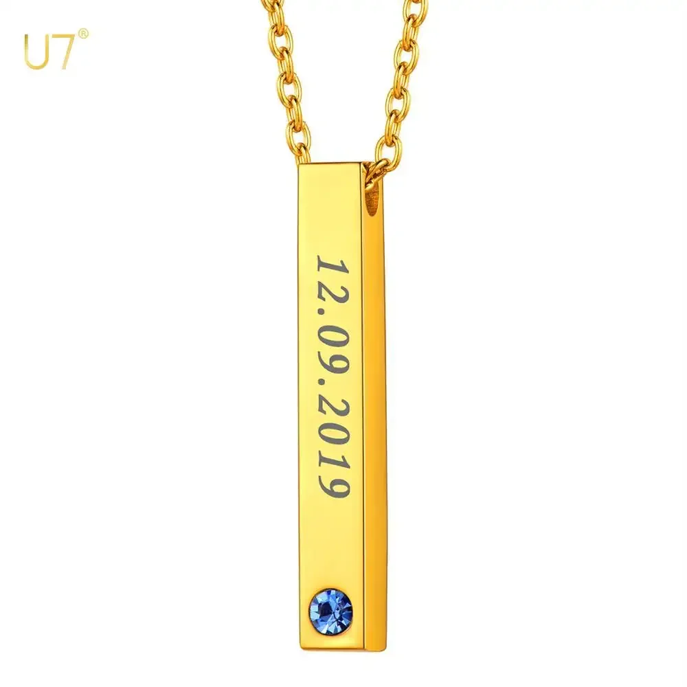 U7 Stainless Steel Vertival Cuboid Bar Necklace with Birthstone Personalized Engrave Unisex Customized Name Memorial Jewelry