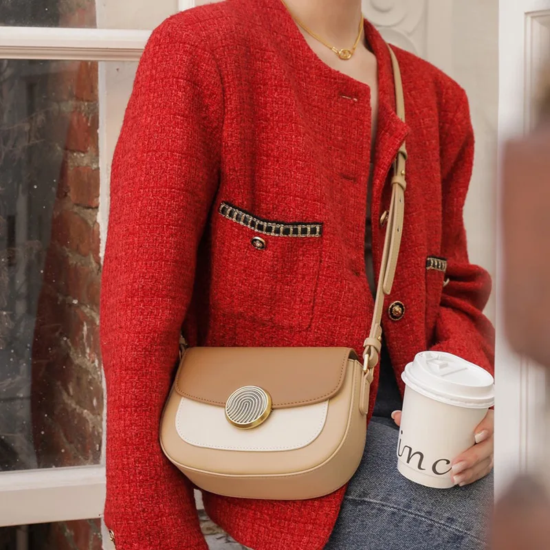 2023 New Small Square Saddle Bag Women Split Leather Underarm Shoulder Bag Lady Fashion Contrast Color Cross-body Messenger Bag