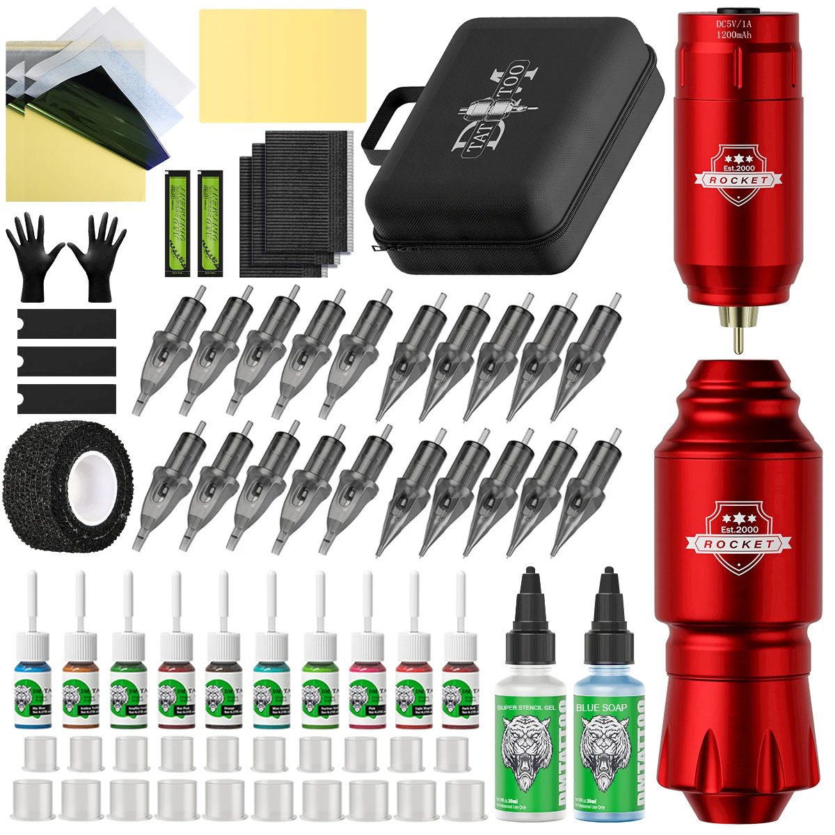 1 set, DM Wireless Tattoo Kit, Complete Mini Rocket Battery With 20Pcs Tattoo Carrier Needles For Tattoo Beginners