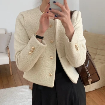 معطف نسائي لخريف وشتاء فرنسي عتيق لعام 2025 معطف كوري عالي الجودة غير رسمي بصدر واحد سترات تويد ضيقة