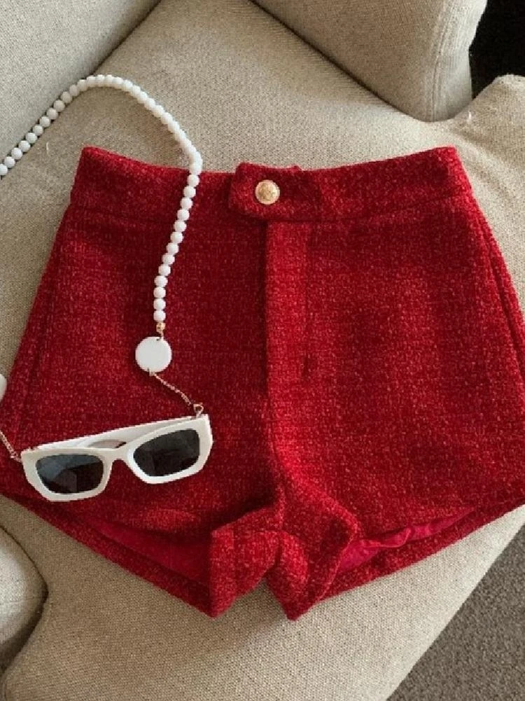 Tweed Shorts Women Korean High Waist Wide Leg Shorts Office Lady Elegant White Black Autumn Winter Casual All Match Short Pants 5