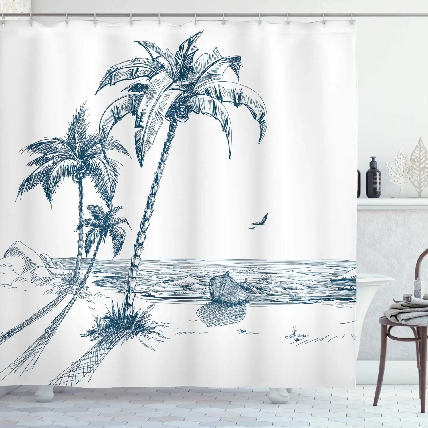 

Island Shower Curtain, Sketch Art of a Tropical Seaside with Palm Trees Fishing Boat Flying Birds, Cloth Fabric Bathro