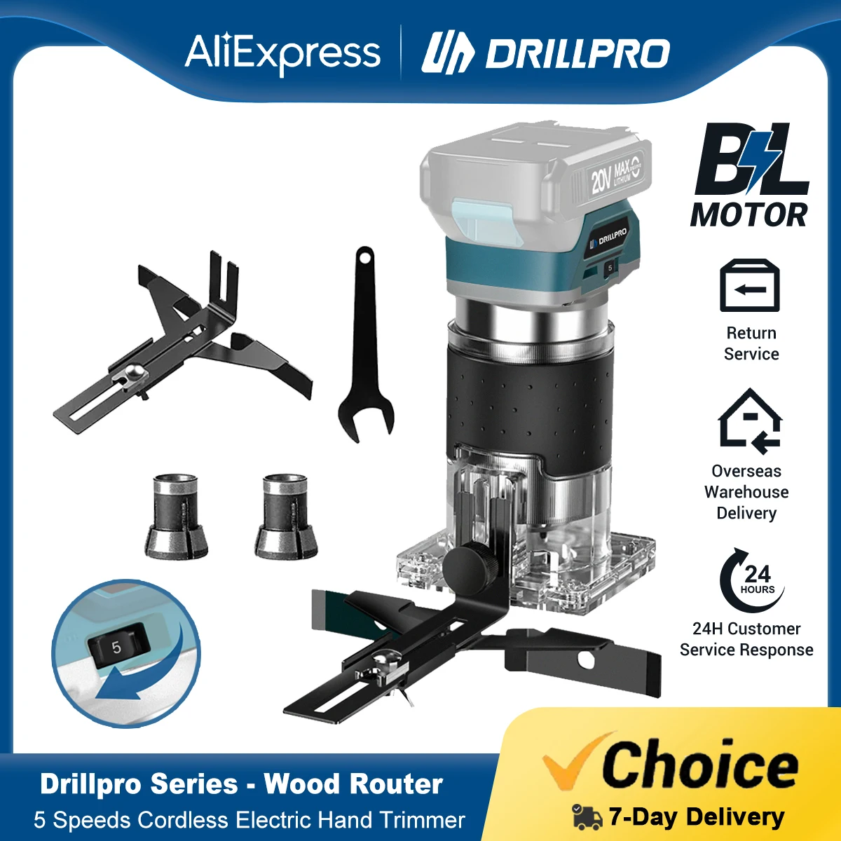Drillpro 5 Speeds Brushless Electric Trimmer Machine Cordless Wood Router Woodworking Engraving Slotting for 18V Battery