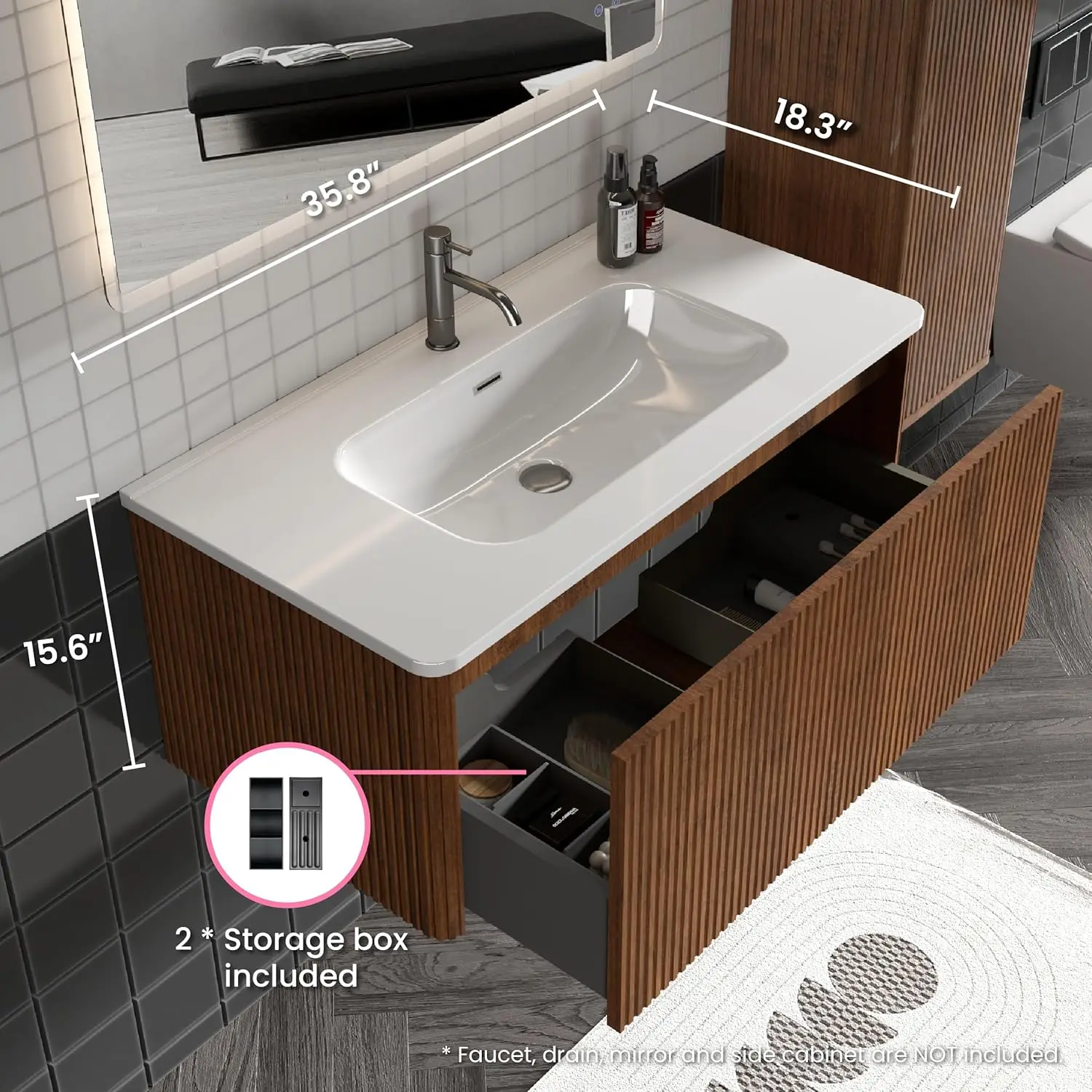 36" Bathroom Vanity with Sink, Modern Floating Vanity with Push Open Soft Close Drawer, Large Storage for Small Space 2