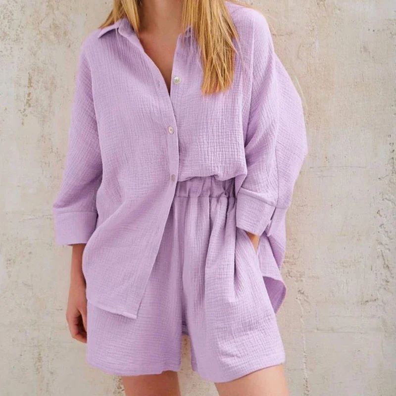 

Женский Повседневный хлопковый костюм, элегантный однотонный комплект из двух предметов, рубашка и шорты свободного покроя с длинным рукавом, модель 2024 на лето, 26297