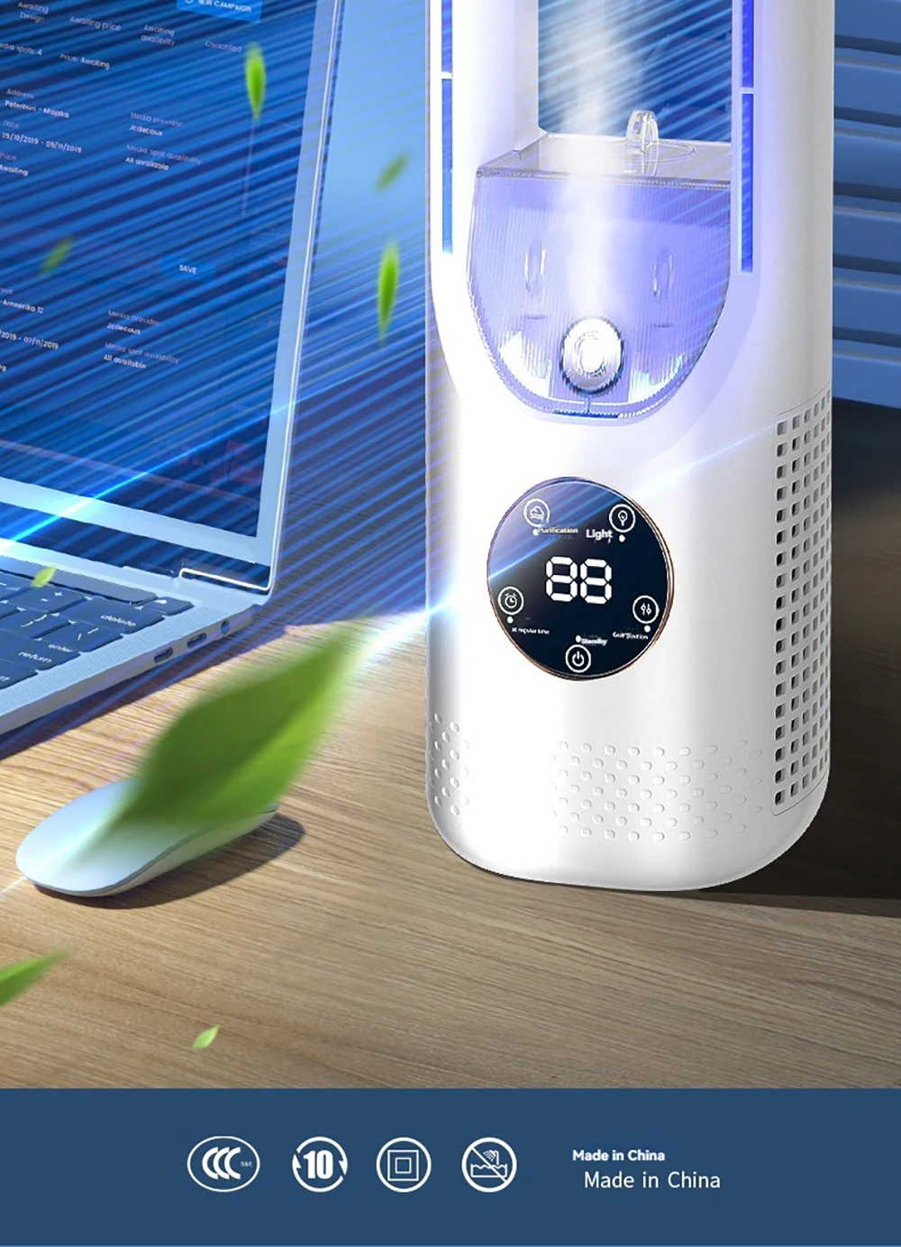 Mini Air Cooler Humidification Cooling USB Silent Timed Air Conditioning Fan Colorful Lights Night Light Led Screen 6 Wind Speed