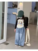 Spring and Autumn Children's Pocket Wide Leg Jeans Contrast Loose Relaxed Pants for Boys and Girls Jeans Baby Kids Trousers 2-9Y 5