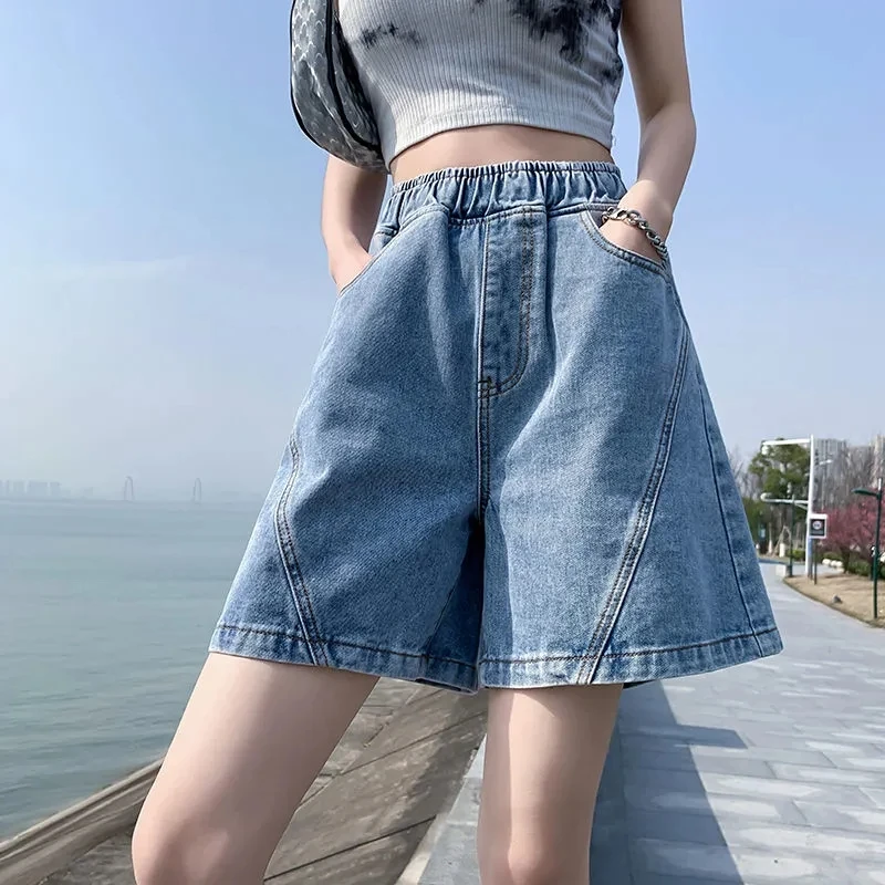 OHOTORO Curve Wide Jeans ショートSサイズ Big Size Denim Shorts Quarter Trousers A Wide Leg Loose High