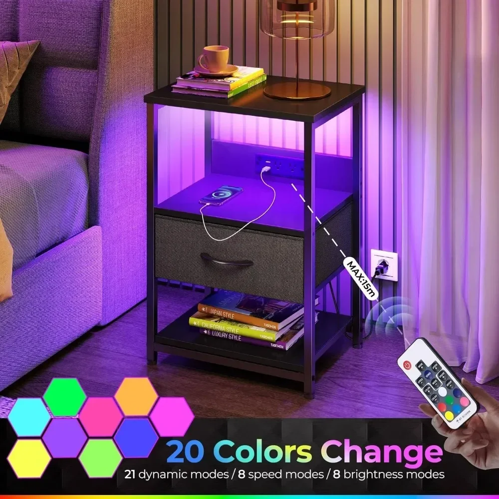 Nightstand Set of 2 LED Bedside Tables Charging Station Fabric Drawer Storage 3 Tier