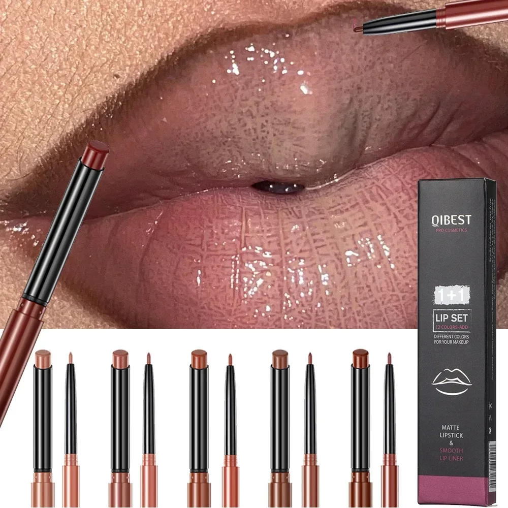 Lipliner-Stift-Lippenstift-Set, matt, nude, rot, Kontur-Lippenstift, langanhaltend, nicht klebend, Lippenstift-Make-up, Lippenfarbe_voghion.com