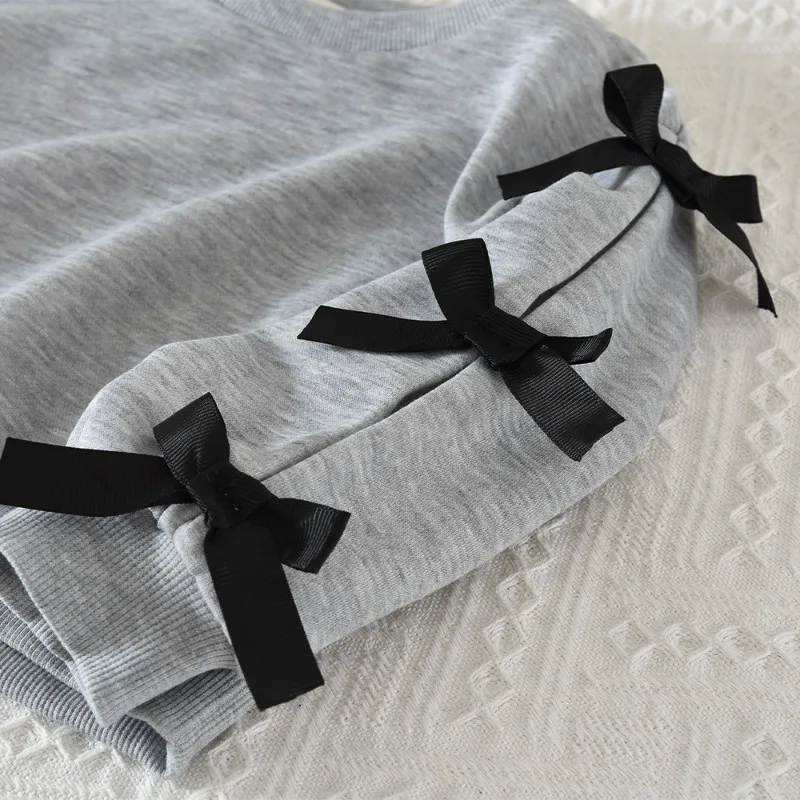 Autumn New Children's Three-dimensional Bow Grey Long-sleeved Top with Black Net Skirt Kids Clothing Children's Sets