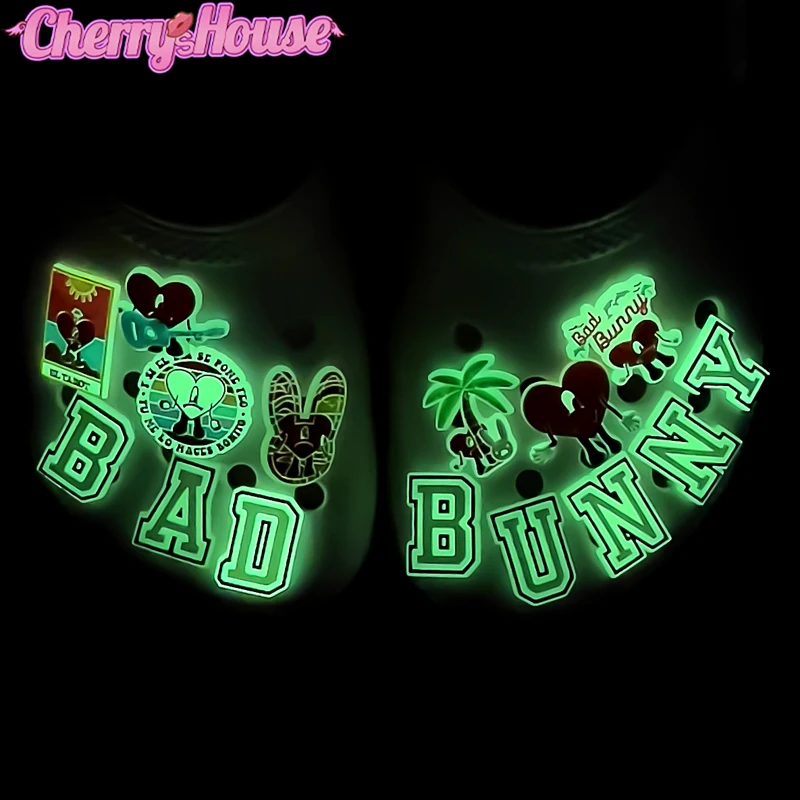 

17pcs Bad Bunny Fluorescence Croc Charms Letter Shoe Accessories Heart Pentagram Glowing in the Dark Shoe Decorations