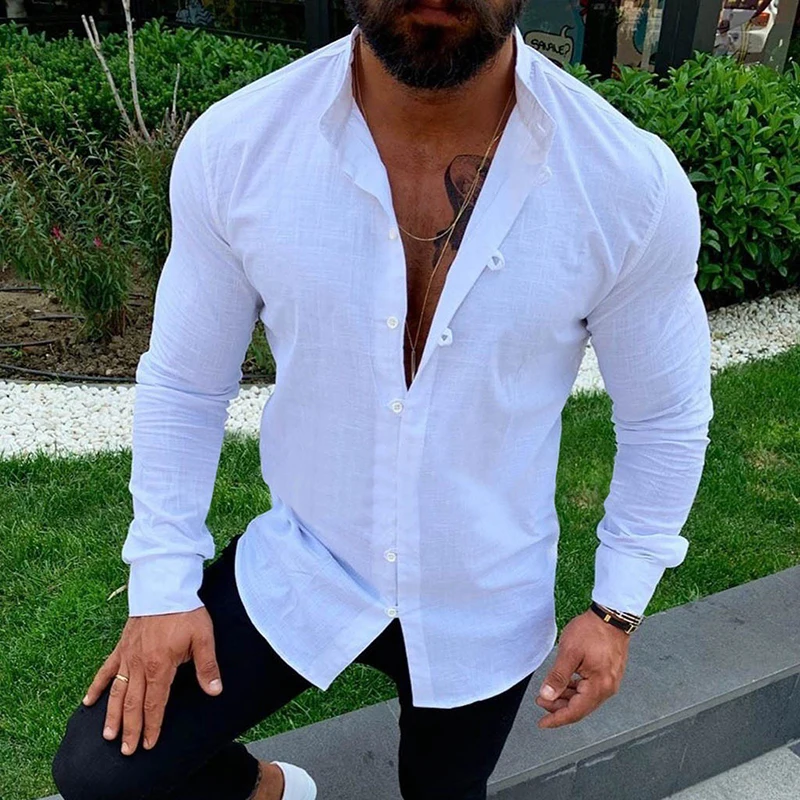 

2023 New Men Casual Cotton Linen Shirt Long Sleeve Loose Blouse Button Down Shirt Men's Solid Color Shirt Plus Size Outing Top