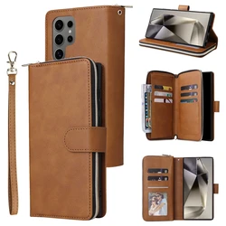 Zipper Strap Leather Wallet Case with Kickstand Flip Design - Premium Phone Cover - Galaxy S24FE (Brown)