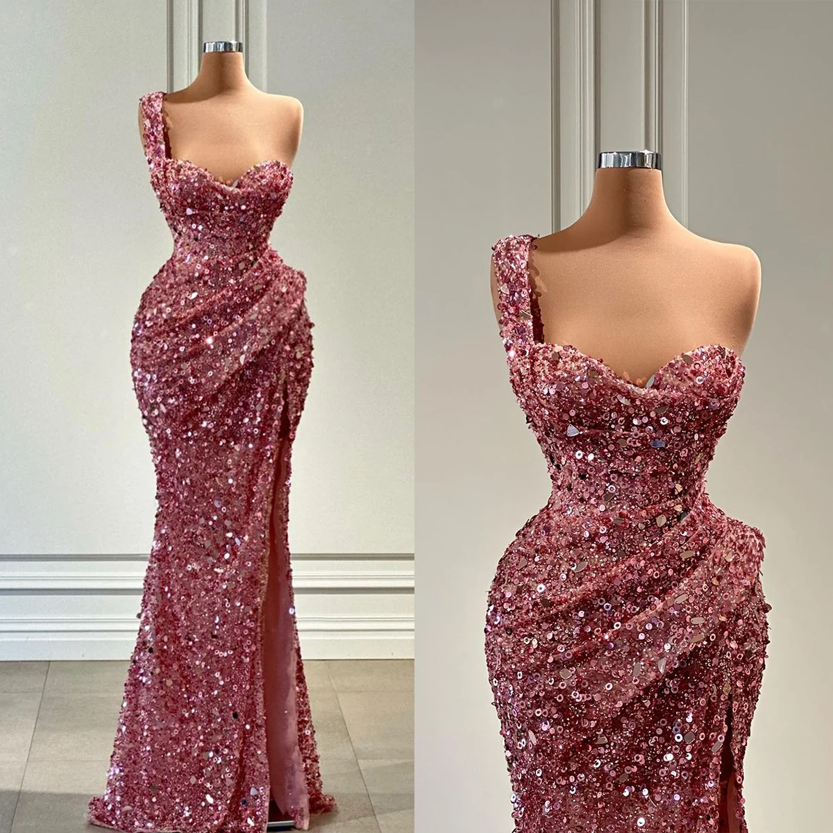 

Elegant Evening Dresses Mermaid Formal Occasion Sweetheart One Shoulder Sequined Pleats Side Split Prom Dress Vestido De Noite