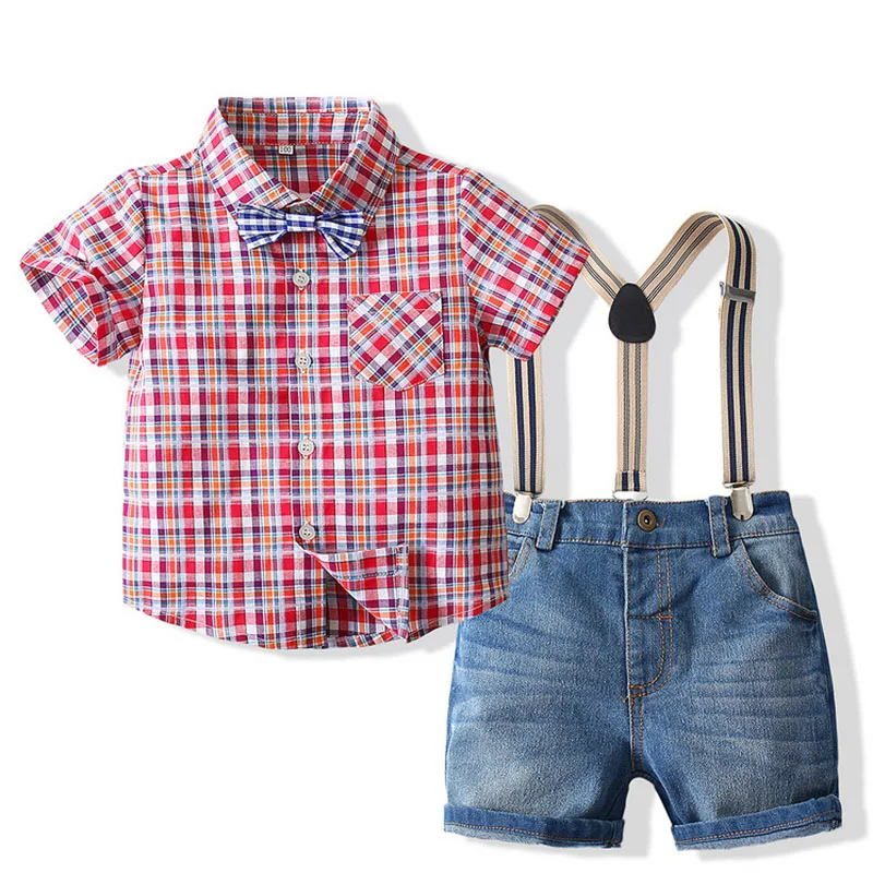 

Летний официальный костюм для маленьких мальчиков, рубашка с коротким рукавом и бантом + брюки на бретелях, повседневная одежда, наряд, детский привлекательный джентльменский комплект