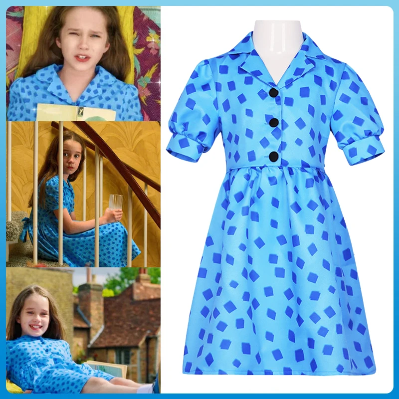 Matilda Cosplay Roald Dahl Matilda The Musical Cosplay Costume Dress Blue Print Dress Halloween Cos Costumi Per Bambini Ragazze