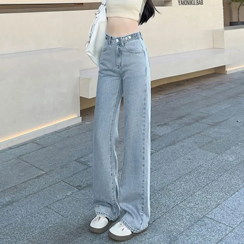 여성용 데님 청바지 디자인 와이드 레그, 느슨한 스트레이트 허리 조절 가능, 단추 패션 브랜드, 신상품 바지