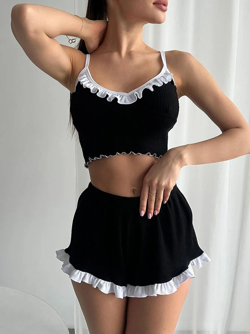 Marthaqiqi Fashion Women'S Pajamas Set Crop Top Sleepwear Spaghetti Strap Nightie Tank Tops Pyjamas Shorts Casual Nightwear Suit