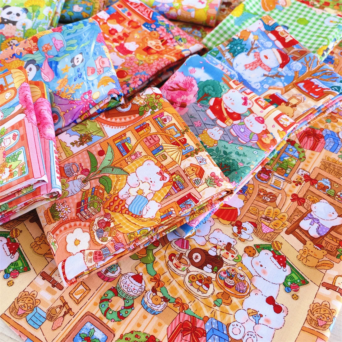 Cartoon Cute Panda Playground Illustration Cotton Fabric for DIY Patchwork & Quilting - 20 Pieces