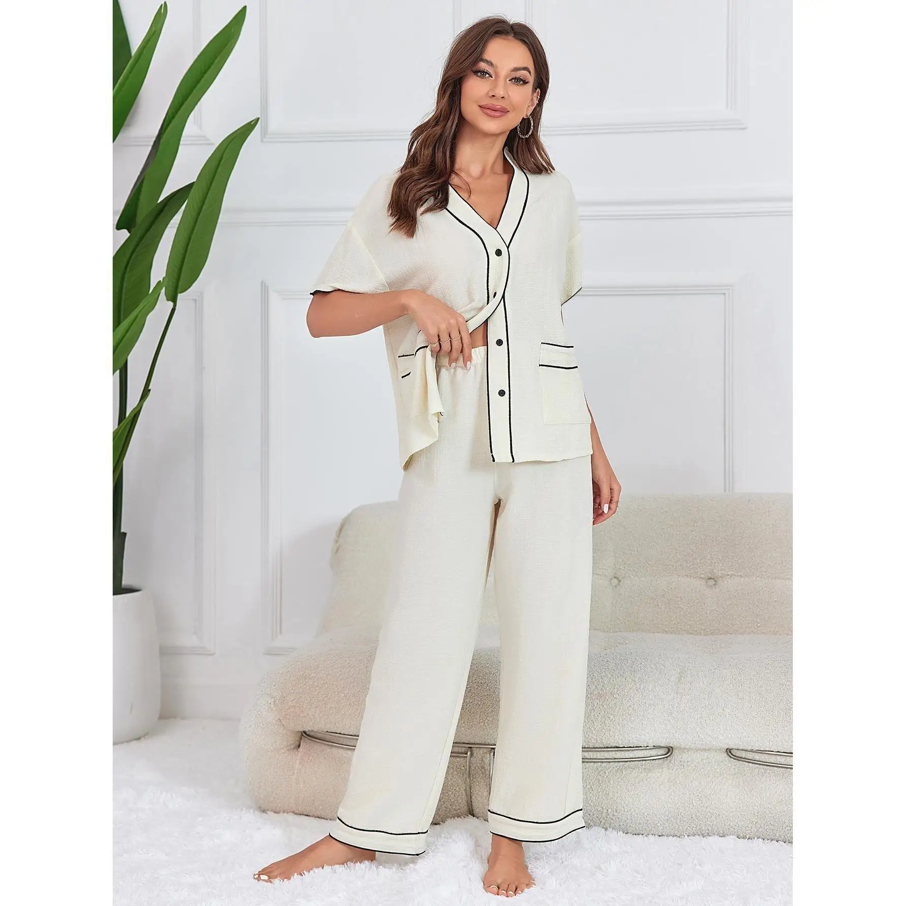 Comfy Soft Pajama Sets Beige Women Home Clothing Outfit Lounge Pijama Sleepwear Pyjama