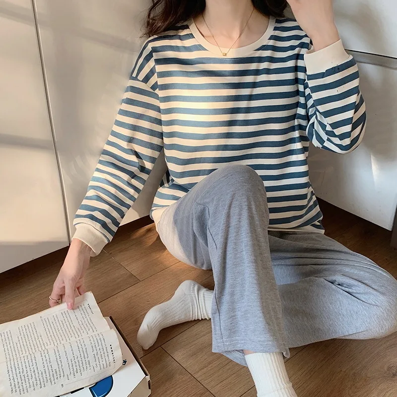 

Striped Women's Pajamas Long Sleeve Top Pants Sleepwear Sets for Women 2 Pieces Home Clothes Autumn Casual Pyjamas Female Suit