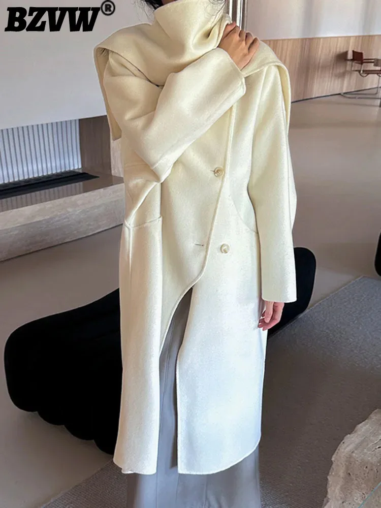 

BZVW Temperament Elegant Scarf Overcoat For Women 2023 Winter New Loose Mid-length Designer Niche Double-sided Woolen Outerwear