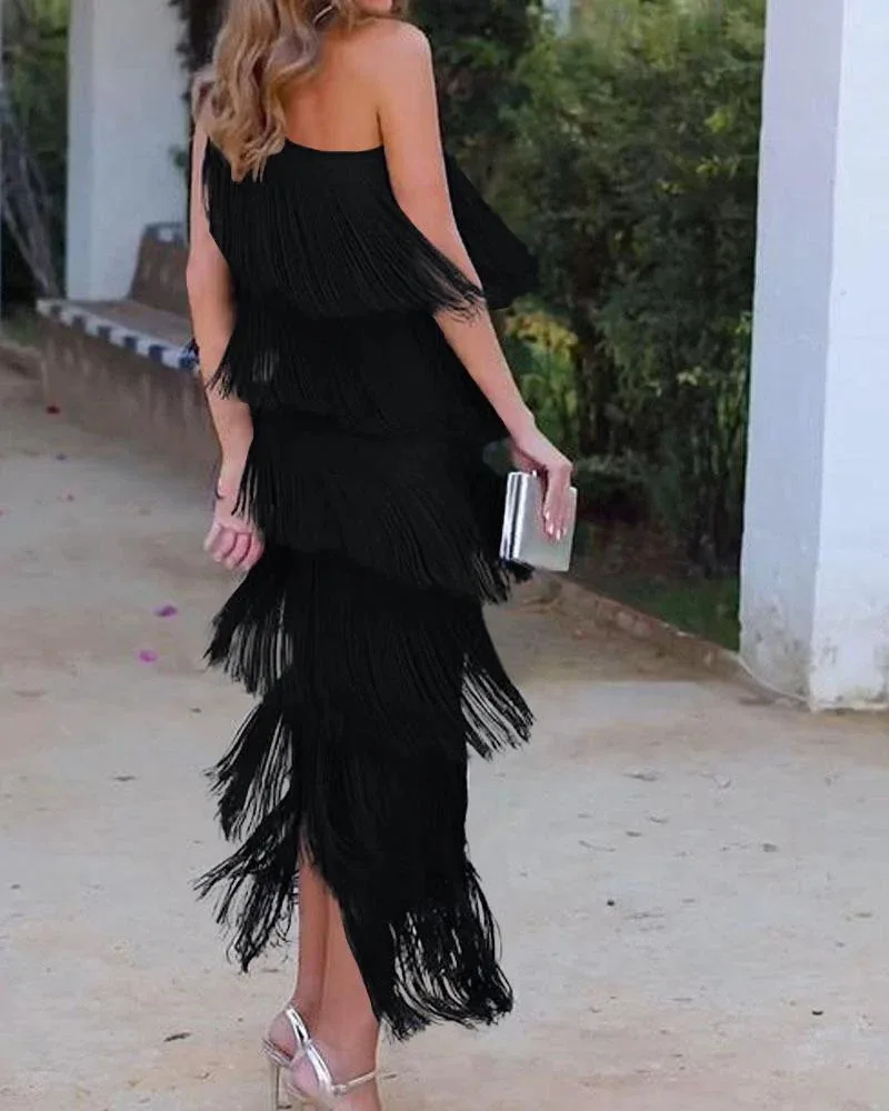 BKLD Solid Color 2026 Spring Summer New Fashion Tassel One Shoulder Sleeveless Asymmetric Dress Clothes For Women Evening Dress