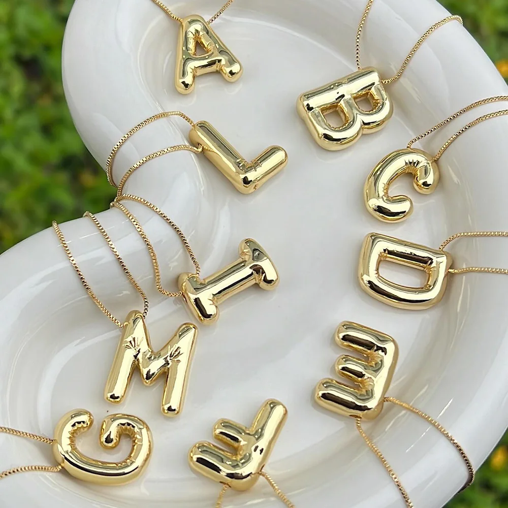 Summer Versatile Trend Bright Silver Color Chubby Letters Initial Pendant Necklace Balloon Bubble Alphabet Collar Choker Jewelry