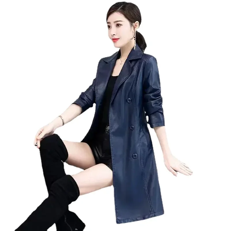 Manteau Long Femme Bleu - Fausse Fourrure Et Simili Cuir Avec Ceinture - Taille S - Occasion Très Bon État