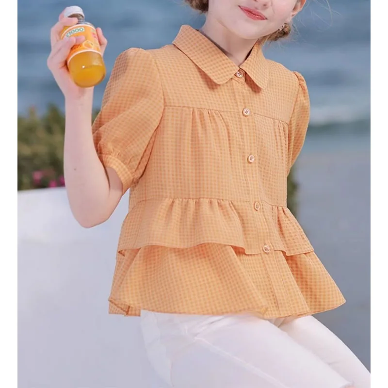 여아용 폴로 넥 블라우스, 단추 격자 무늬, 스플라이스 러플, 올 매치 패션, 느슨한 장난스러운 반팔 셔츠 상의, 2024 여름 신상