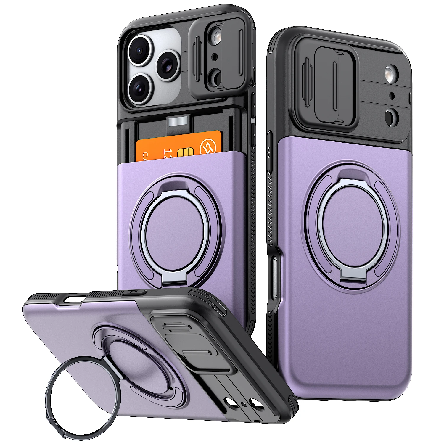 Enhanced Armor Case with Slide Camera Protector, Magnetic Ring Holder, and Card Cover