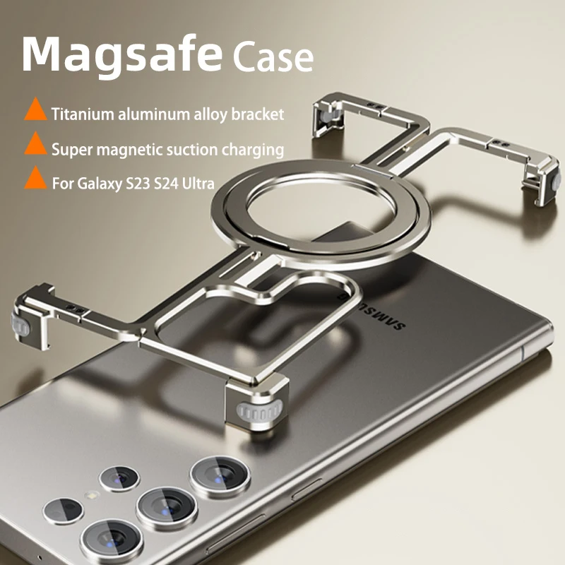 

Luxury Magnetic Stand Aluminum Alloy Frameless Metal Phone Case For Samsung Galaxy S23 S24 Ultra Shockproof Metal Rimless Cover