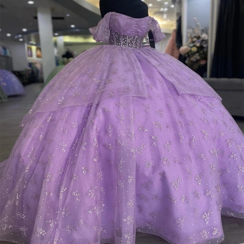 

Lavender Sequin Off The Shoulder Quinceanera Dress 2024 Ball Gown Sweep Train Tulle Lace Beads Princess Party Prom Dress