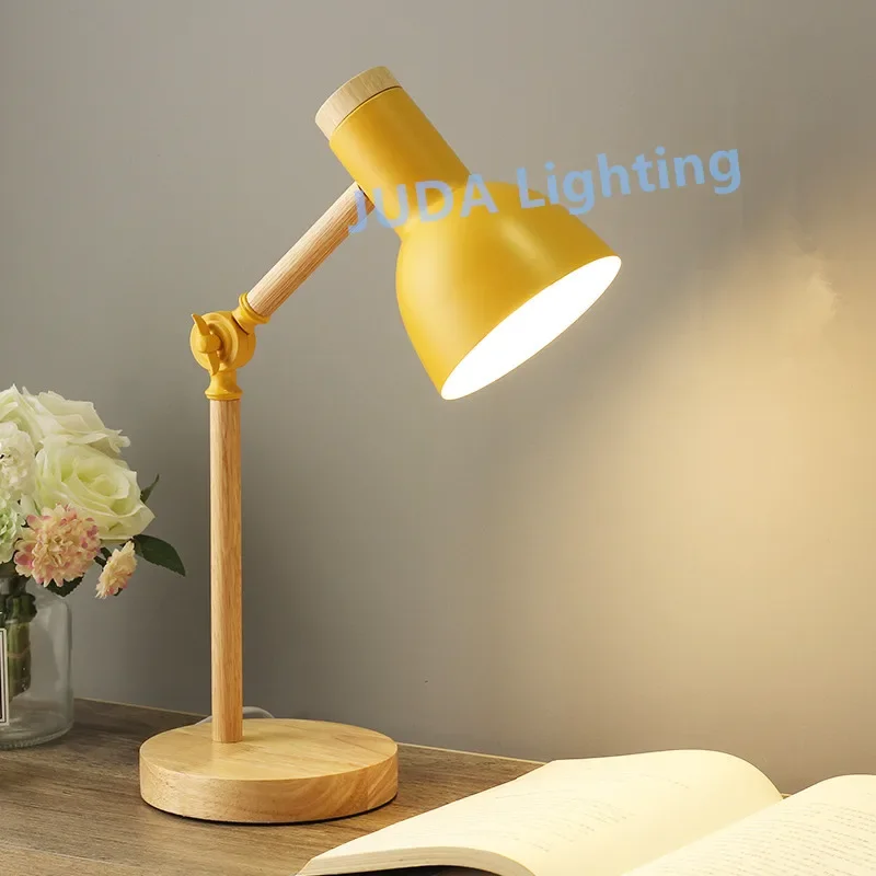 Ins E27 Desk light wooden base Nordic Table Lamp Colorful Bedside Lamp Reading Study Macaron Color Wooden Art LED lights