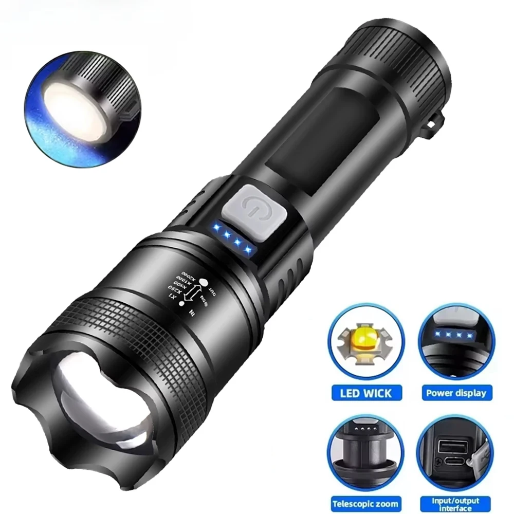 High-Intensity USB Rechargeable LED Flashlight with Telescopic Zoom and Built-in Battery