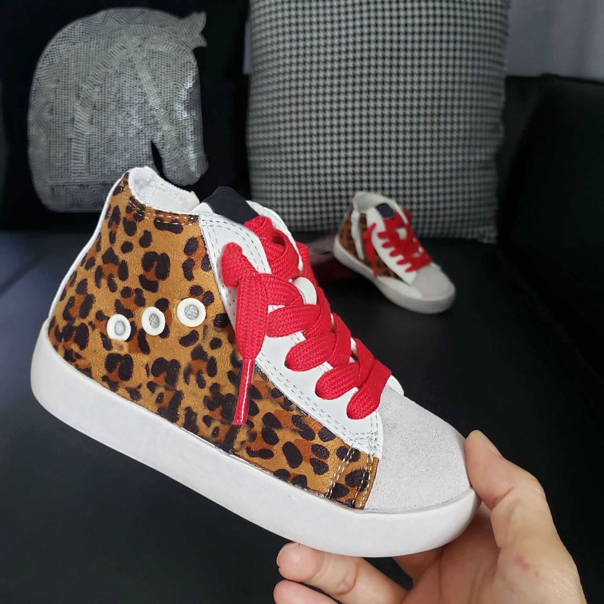 Girls Leopard Pink Silver Sequin High Shoes Cheetah Lace-up Flat