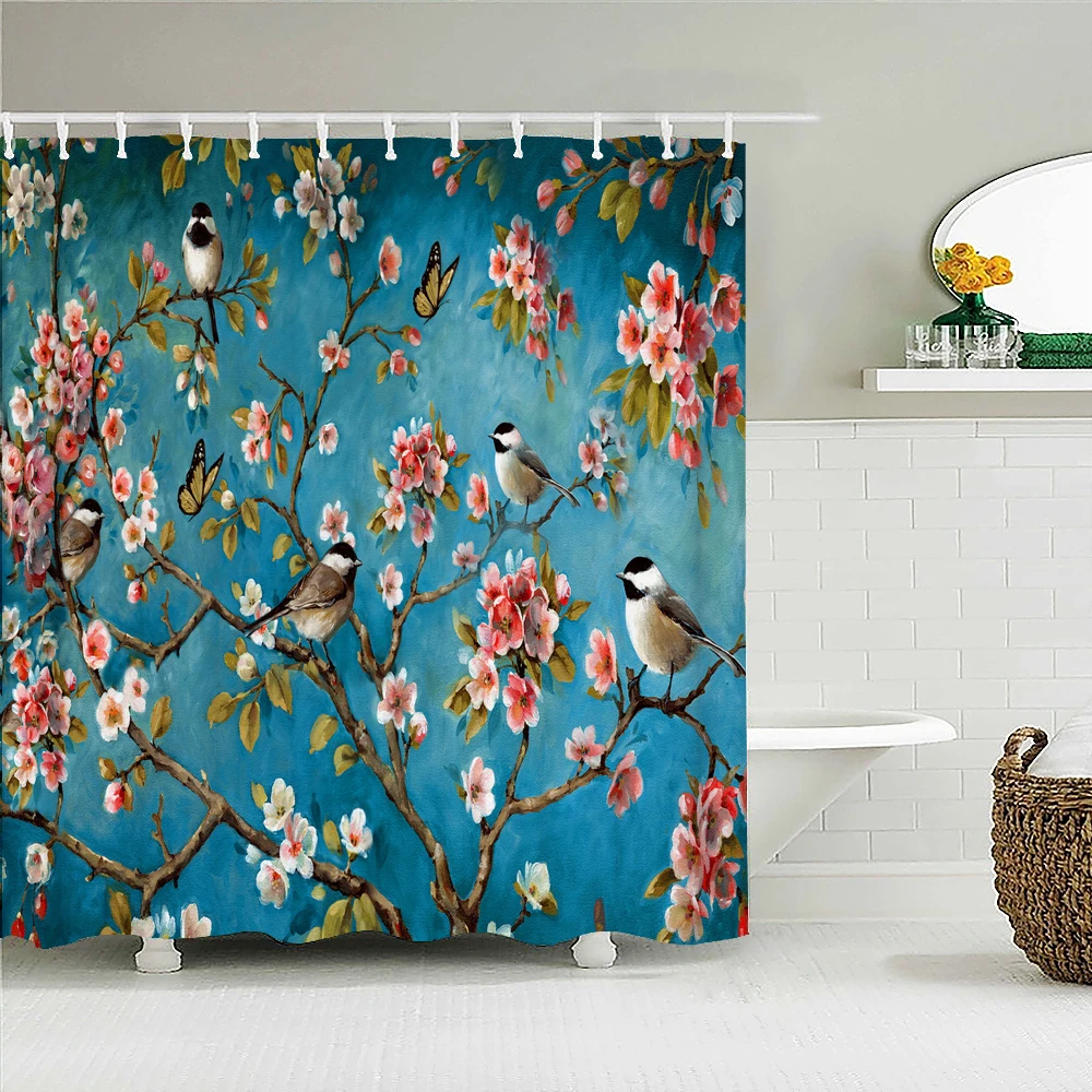 

Chinese style Plum Flower Birds Pattern Shower Curtains Bathroom Curtain Frabic Waterproof Polyester Bathroom Curtain with Hooks