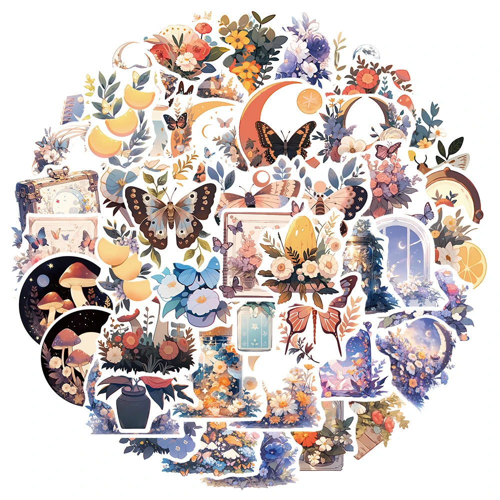 

10/30/50pcs Retro Flowers Butterfly Moon Cute Cartoon Stickers Aesthetic Graffiti Decal Suitcase Laptop Decoration Sticker Toys