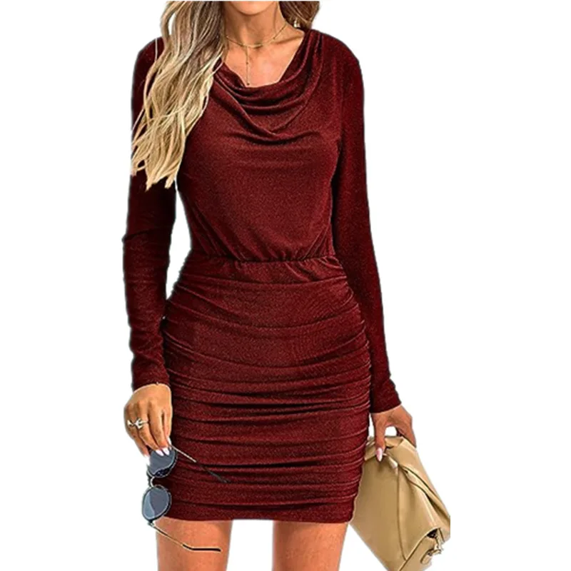 

New Dress Solid Color Mini Brilliant Crystal Stacked Neck Long Sleeve Ruffled Slim Fit Evening Girl